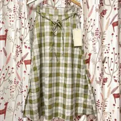 チェック柄　ウエストリボン　ロングスカート　ウエスト後部ゴム　L セミフレアー