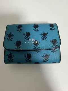 COACH 花柄 二つ折り財布 青