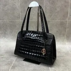 美品】編み込みがま口ハンドバッグ黒本革レザーゴールド金具フォーマル 