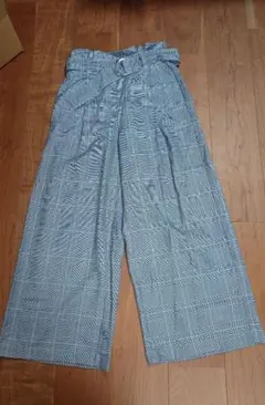 チェック柄ワイドパンツ ウエストリボン付き　Lサイズ