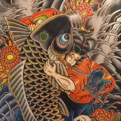 「鬼若丸鯉退治」A4サイズ　TATTOO　フラッシュ　錦絵　浮世絵　入墨　和柄のサムネイル
