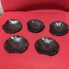 骨董品】古銅製 菊形 木瓜型 茶托 5客揃 煎茶道具 四君子（蘭・竹・菊