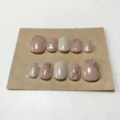 ハンドメイド　ネイルチップ　ベリーショート　ピンクベージュ　花　ラメ
