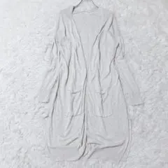 ロングカーディガン　薄手　ポケット　麻混　ノーボタン　ライトグレー　M　春秋