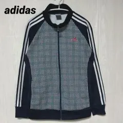 希少デザイン adidas トラックジャケット 千鳥格子 y2k 紺 刺繍 OT