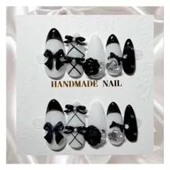 ネイルチップ　リボン　ブラック　ホワイト　フレンチガーリー　ワンホン　韓国