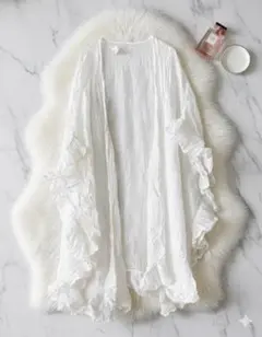 ポンチョaerie ホワイトフリル ロング カーディガン レディース 古着
