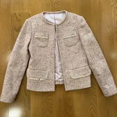 ノーカラージャケット ツイードジャケット　ピンクページュ　美品