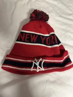 NEW ERA ニューエラ ニット帽 赤 × ネイビー ボンボン付 MLB