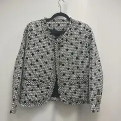 ノーカラージャケット ツイード白黒ドット柄