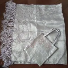 シルバー 花柄刺繍 ストール バッグ付き