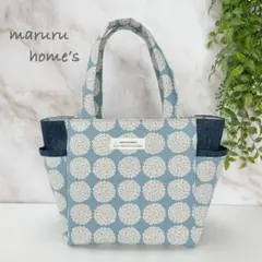 【北欧風】ミニサークルフラワーとデニム生地　サイドポケット付きトートバッグ