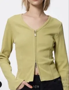 gu リブダブルジップVネックカーディガン