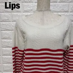 Lips 白×赤 ボーダーニットセーター ケーブル編み マリン風 【1338】のサムネイル