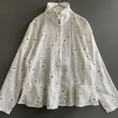 AntHURium.フリルカラーコットンシアーブラウス　レトロ古着　総刺繍　M