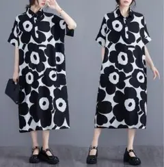 L 新品　未使用　夏　薄手　モノトーン　花柄　ロング丈　半袖　ゆったり