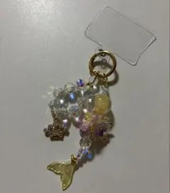 スマホストラップホルダー 透明 黄色系 花 人魚 綺麗 ビーズ キラキラ 王冠