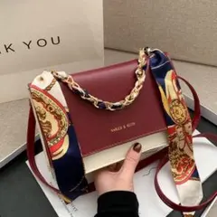 スカーフ付き スクエア型 2way バッグ レッド × ホワイト