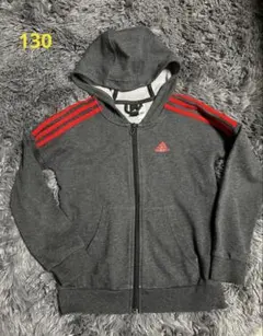 adidas 3ライン　スウェットパーカー　グレー×赤　130