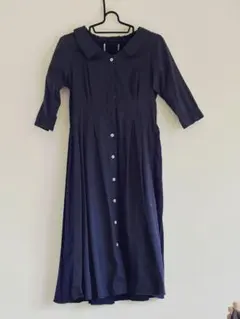 異素材ドッキングワンピース 七分袖 プリーツ ハイブリッド ネイビー 春