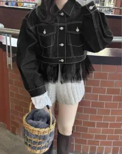 GRL チュールショート丈デニムジャケット ブラック 【dpk365】