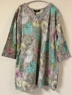 【新品】インド綿 五分袖 パステルカラーボタニカル柄 クルタ チュニックのサムネイル