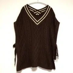 Used 古着 Vネック デザイン ニット ロング ジレベスト ブラウン フリー