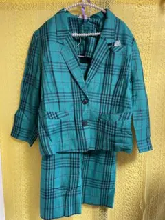 【♡ビンテージ♡】ターコイズブルー_チェック柄 スカートセットアップ（13号）