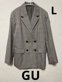 美品　GU ジーユー　テーラードダブルブレストジャケット　チェック　グレー　Ｌ