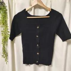 レイカズン　ブラック 半袖カーディガン スクエットネック