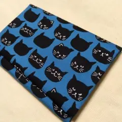 ハンドメイド　診察券も入る　お薬手帳ケース　アニマル柄　猫　黒ネコ　青　ブルー