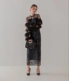 【LEJA】フリルチュールスリーブリボン　Iラインワンピースドレス2点セット