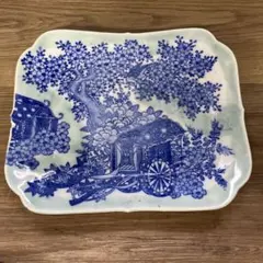 D-5 染付 角皿 藍色 和柄 桜 御所車 花鳥図 菓子皿 取皿 レトロ 陶器