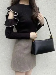 配色フリルオープンショルダーニットトップス dr342 ブラック