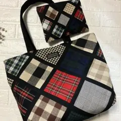 大きめ斜めパッチワーク風トートバッグとお揃いポーチハンドメイド 2038