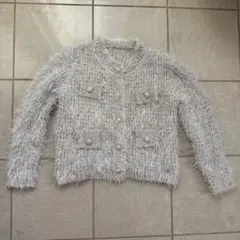ホワイトグレー キラキラ カーディガン パールボタン付き