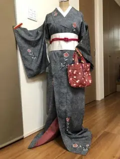 着物帯セット小紋　袷　新品しつけ糸つき半幅帯　新品帯締めバック4点セットお茶会