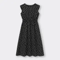 GU ドットプリントワンピース(ノースリーブ)Z ブラック　黒　サイズL