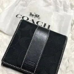 極美品 コーチ 2つ折り財布 シグネクチャー レザー キャンバス 黒