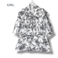 【GRL】グレイル トワルドジュイ柄 ボウタイフリル半袖ブラウス M モノトーン