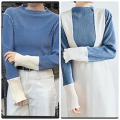 春　長袖トップス　袖 配色 ボトルネック プリーツ トップス　リブ　ブルー