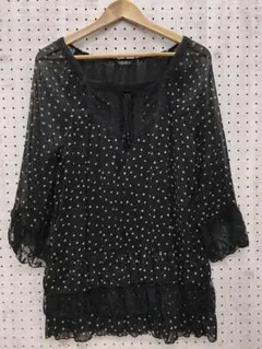 姫カジ 古着 総レースフリル切替 胸元編み上げ ハート柄 シフォンワンピース