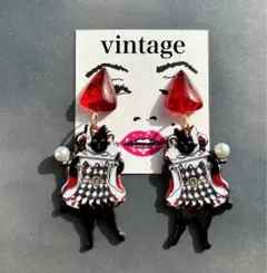 vintage レッド カボション ハロウィン サイケ ねこチャームピアス