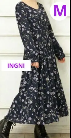 ネイビー ウエスト切替花柄 ロングワンピース 長袖　INGNI　Mサイズ
