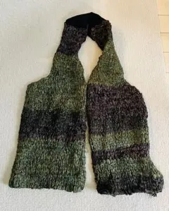 ◆着物ハギレ 裂き織り編み 変形マフラー グリーンブラウン 棒網 ハンドメイド◆