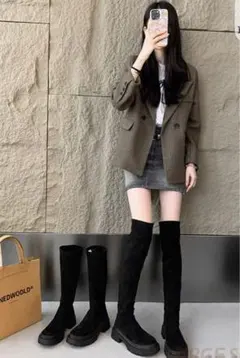 ブラックスエードニーハイブーツ 大きサイズ　27-27.5サイズ