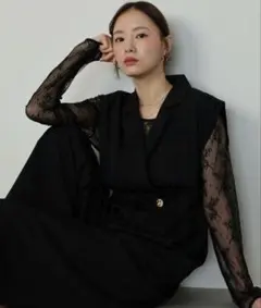 テーラードオールインワンパンツドレス+ジャガードチュールトップスSET