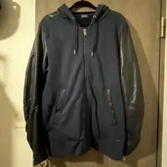 ディーゼル　DIBSEL ネイビー×ブラック　レザー袖 パーカー　スウェット