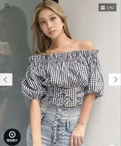 2WAY ギンガムチェック オフショルダー トップスのサムネイル