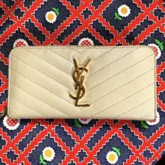 【美品】イヴ・サンローラン長財布ラウンドジップ キャビアスキン ベージュ YSL